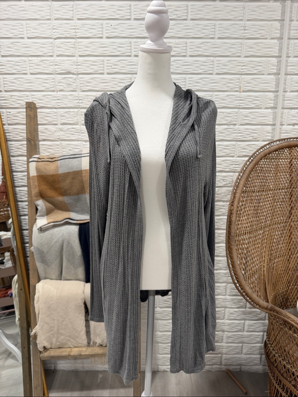 Cupio Gray Hooded Open-Front Ribbed Cardigan